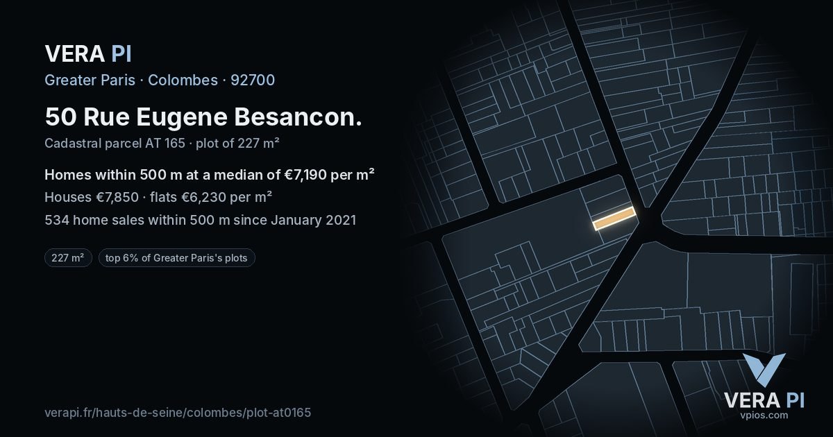 50 Rue Eugene Besancon, Colombes at night – the plot lit, the parcels around coloured by the prices near them