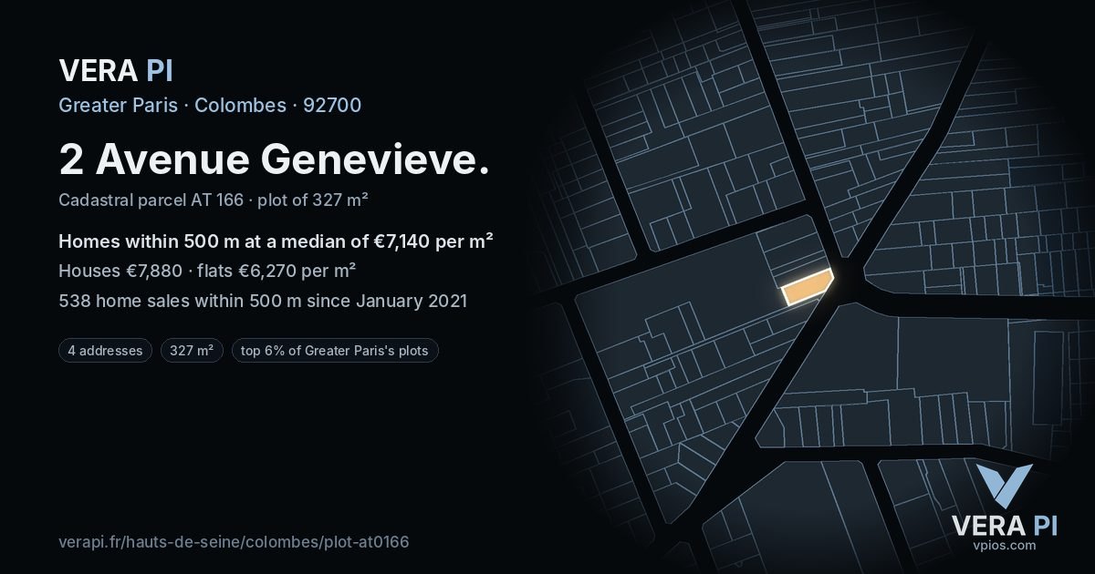2 Avenue Genevieve, Colombes at night – the plot lit, the parcels around coloured by the prices near them