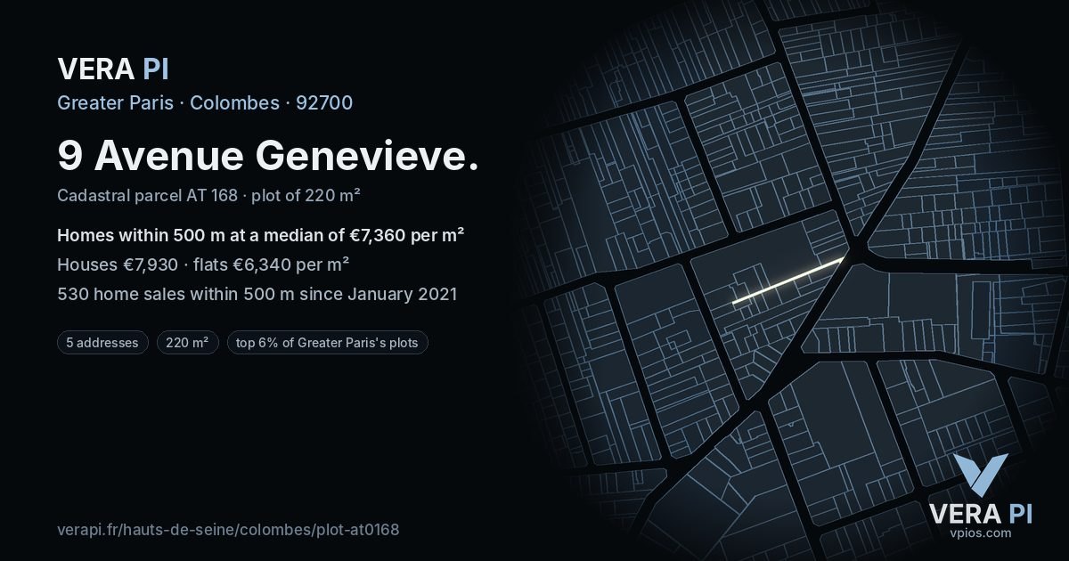 9 Avenue Genevieve, Colombes at night – the plot lit, the parcels around coloured by the prices near them