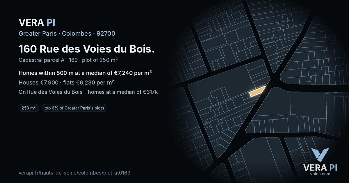 160 Rue des Voies du Bois, Colombes at night – the plot lit, the parcels around coloured by the prices near them