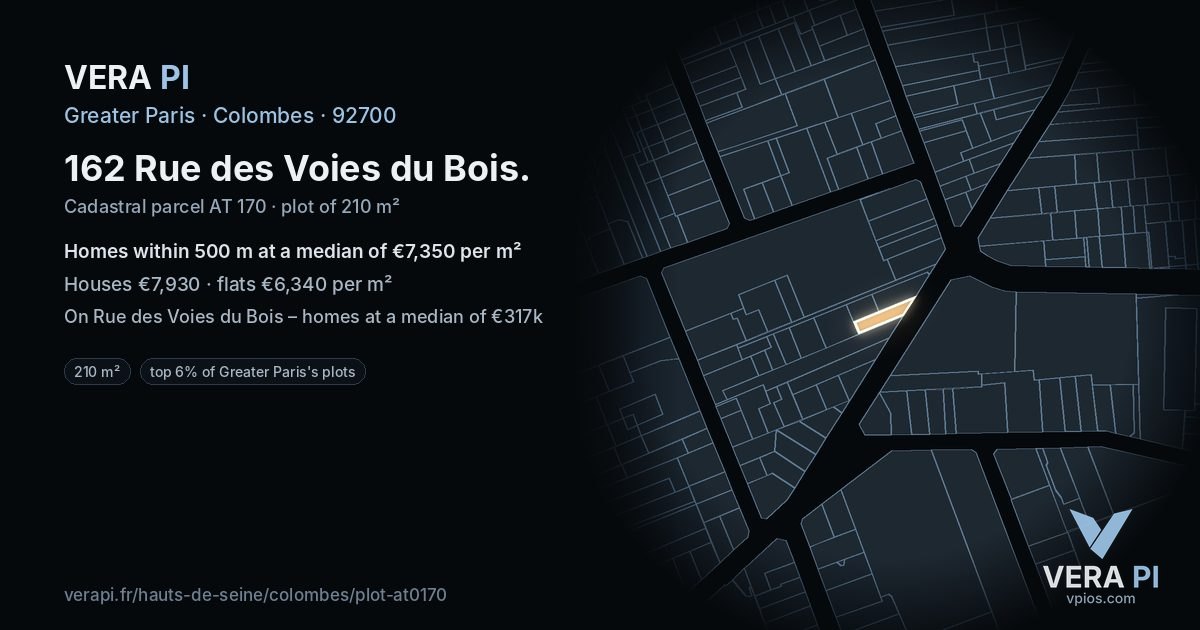 162 Rue des Voies du Bois, Colombes at night – the plot lit, the parcels around coloured by the prices near them
