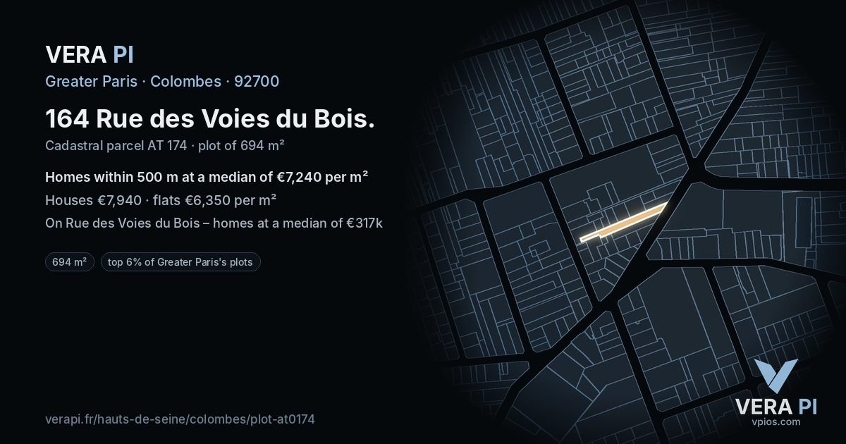 164 Rue des Voies du Bois, Colombes at night – the plot lit, the parcels around coloured by the prices near them