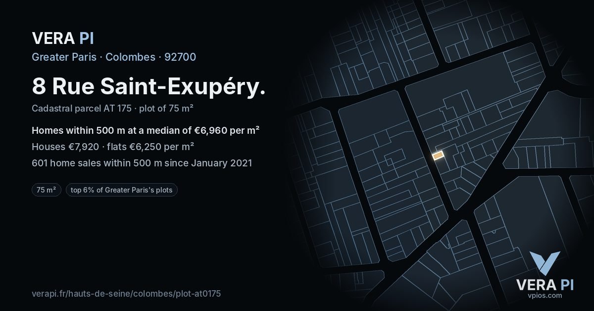 8 Rue Saint-Exupéry, Colombes at night – the plot lit, the parcels around coloured by the prices near them