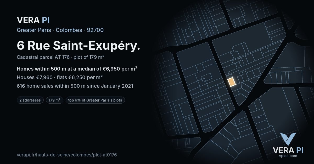 6 Rue Saint-Exupéry, Colombes at night – the plot lit, the parcels around coloured by the prices near them