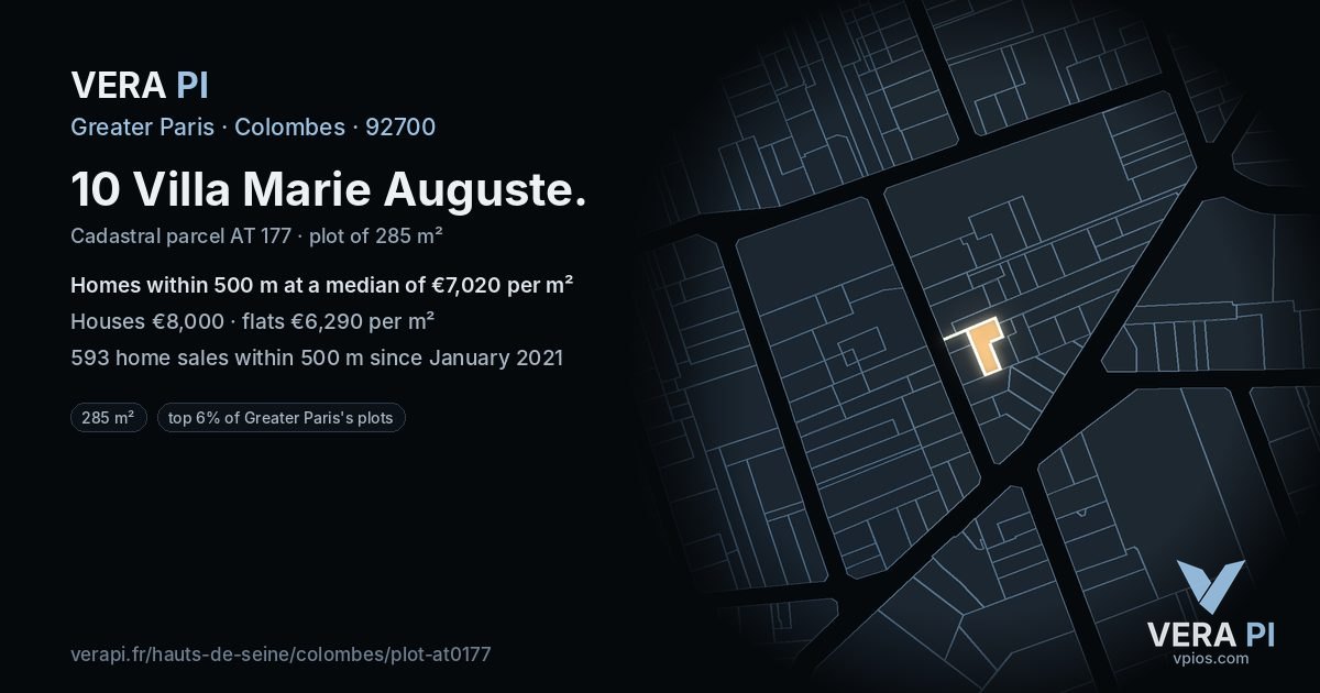 10 Villa Marie Auguste, Colombes at night – the plot lit, the parcels around coloured by the prices near them