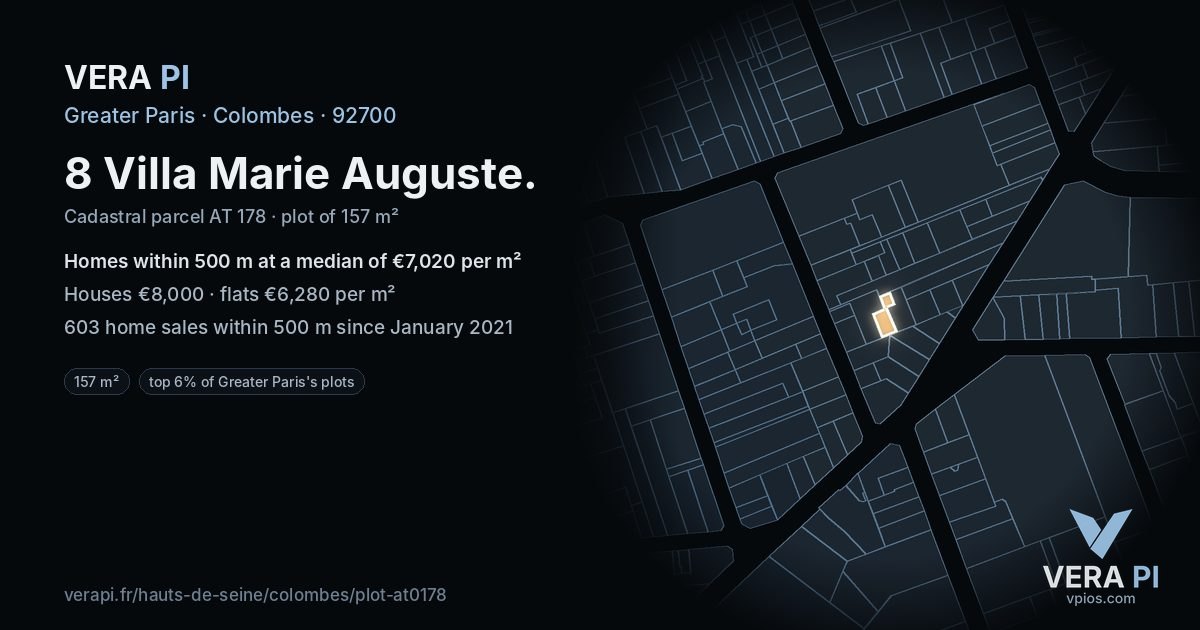 8 Villa Marie Auguste, Colombes at night – the plot lit, the parcels around coloured by the prices near them