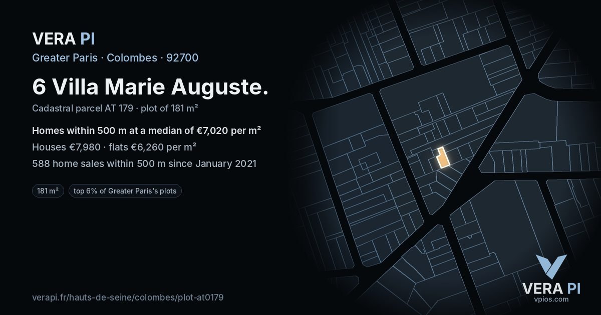6 Villa Marie Auguste, Colombes at night – the plot lit, the parcels around coloured by the prices near them