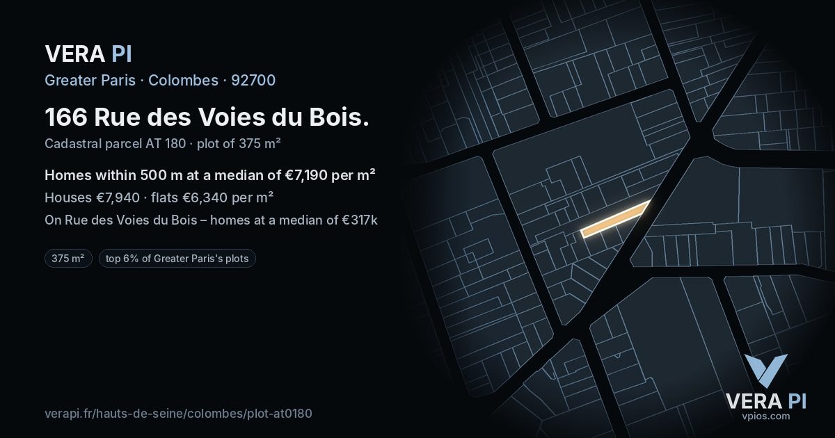 166 Rue des Voies du Bois, Colombes at night – the plot lit, the parcels around coloured by the prices near them