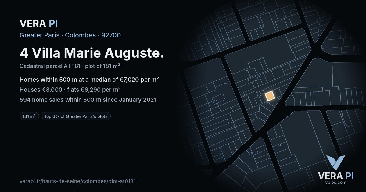 4 Villa Marie Auguste, Colombes at night – the plot lit, the parcels around coloured by the prices near them