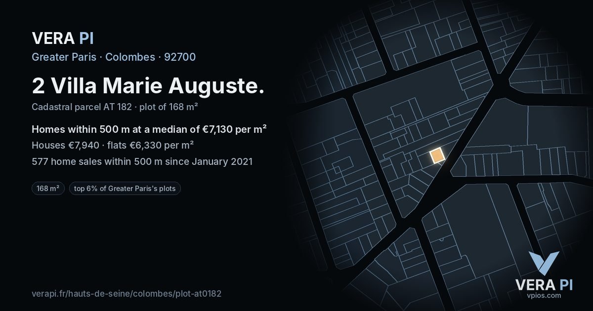 2 Villa Marie Auguste, Colombes at night – the plot lit, the parcels around coloured by the prices near them