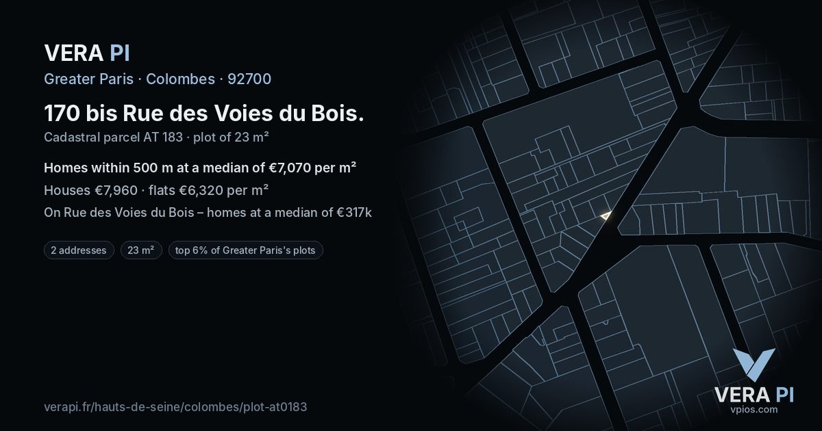 170 bis Rue des Voies du Bois, Colombes at night – the plot lit, the parcels around coloured by the prices near them