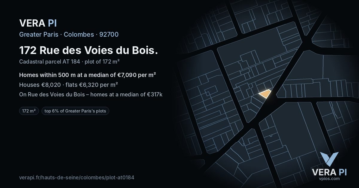 172 Rue des Voies du Bois, Colombes at night – the plot lit, the parcels around coloured by the prices near them