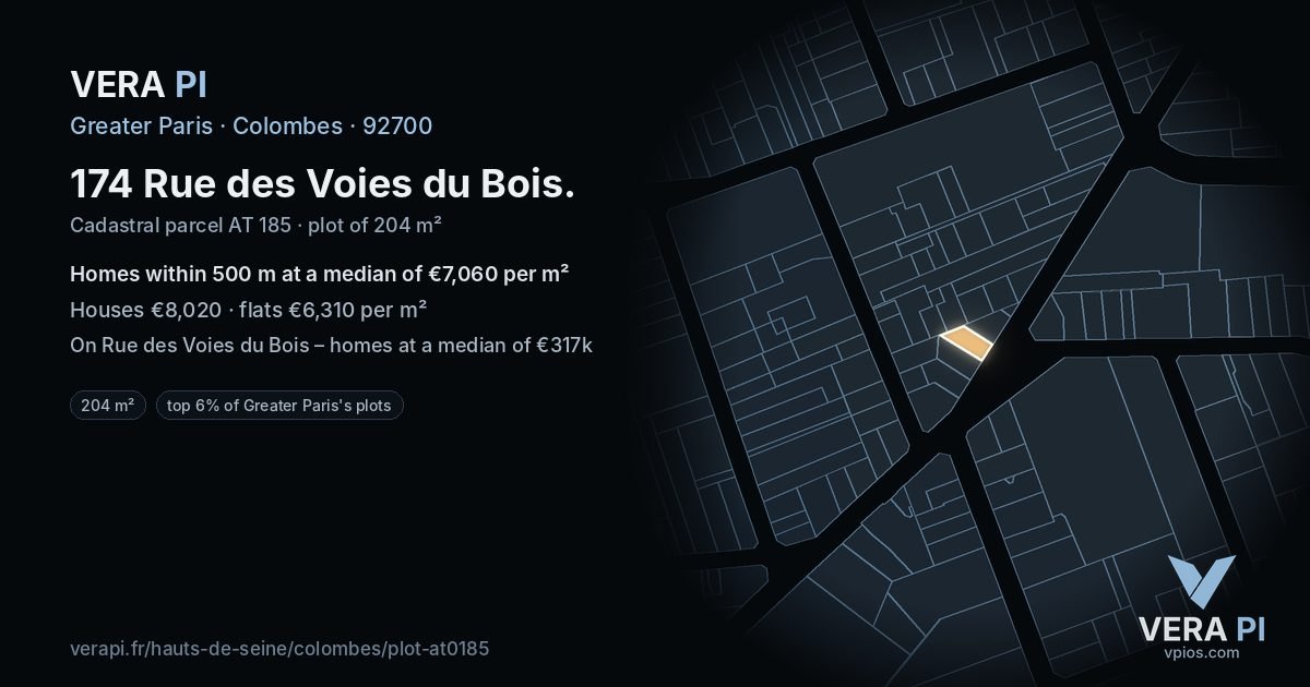 174 Rue des Voies du Bois, Colombes at night – the plot lit, the parcels around coloured by the prices near them