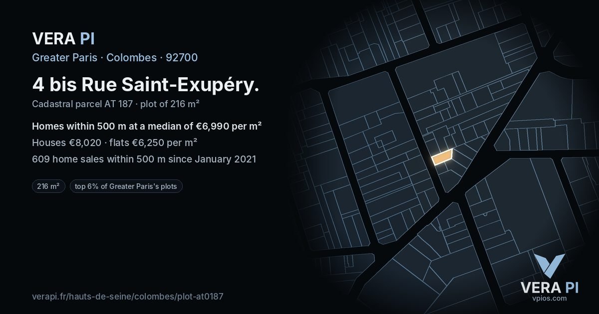 4 bis Rue Saint-Exupéry, Colombes at night – the plot lit, the parcels around coloured by the prices near them