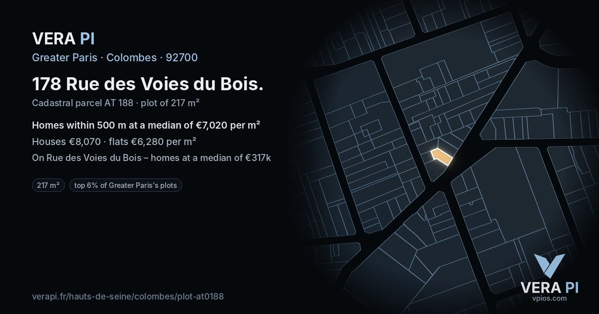 178 Rue des Voies du Bois, Colombes at night – the plot lit, the parcels around coloured by the prices near them