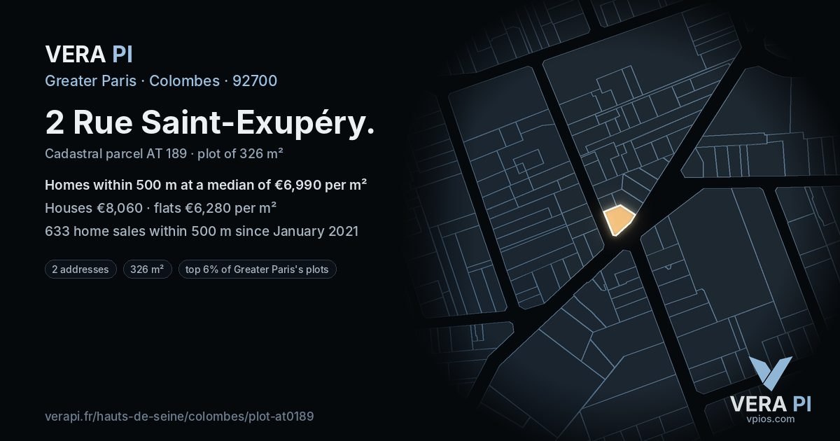 2 Rue Saint-Exupéry, Colombes at night – the plot lit, the parcels around coloured by the prices near them
