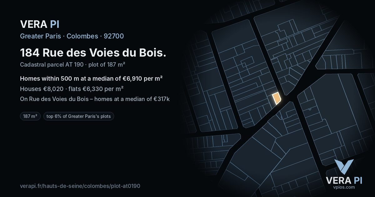 184 Rue des Voies du Bois, Colombes at night – the plot lit, the parcels around coloured by the prices near them
