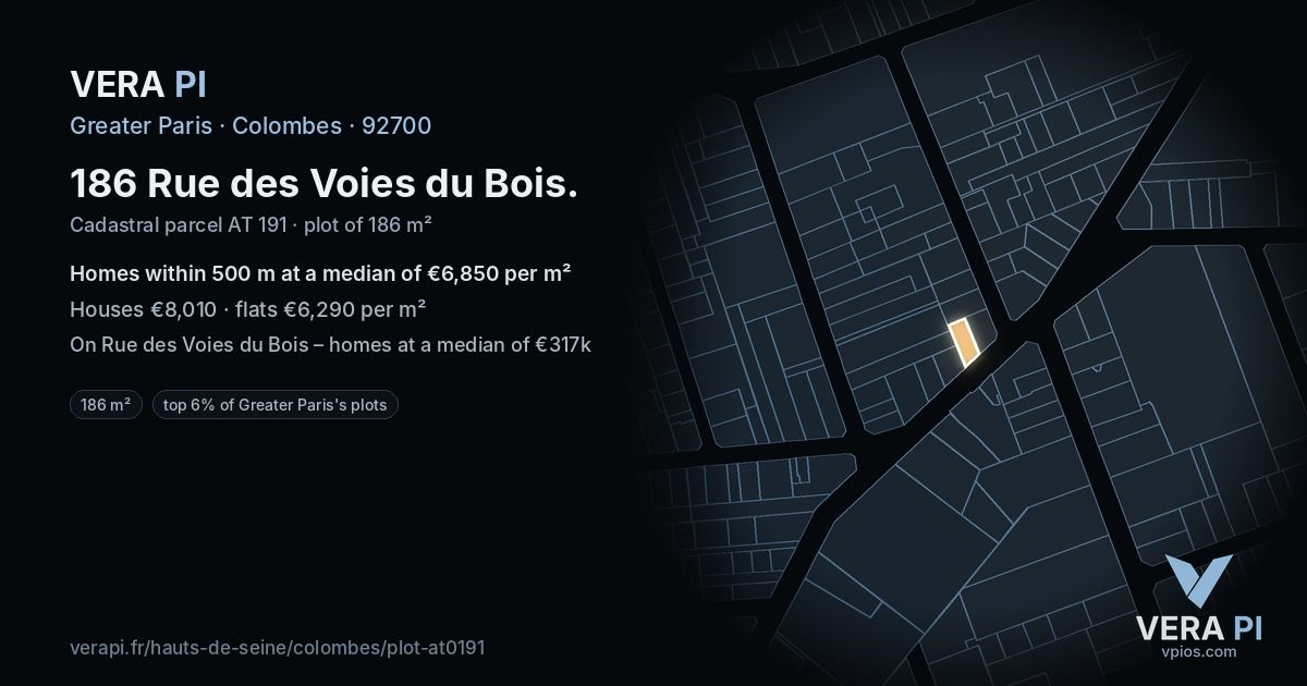 186 Rue des Voies du Bois, Colombes at night – the plot lit, the parcels around coloured by the prices near them
