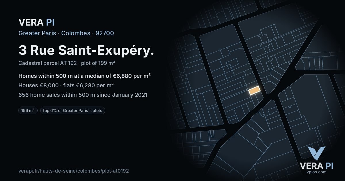 3 Rue Saint-Exupéry, Colombes at night – the plot lit, the parcels around coloured by the prices near them