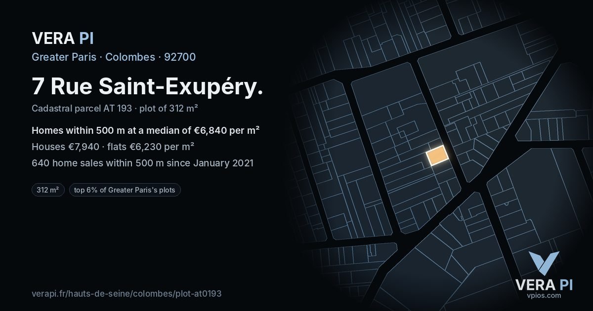 7 Rue Saint-Exupéry, Colombes at night – the plot lit, the parcels around coloured by the prices near them