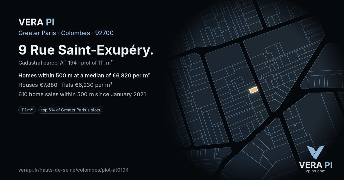 9 Rue Saint-Exupéry, Colombes at night – the plot lit, the parcels around coloured by the prices near them