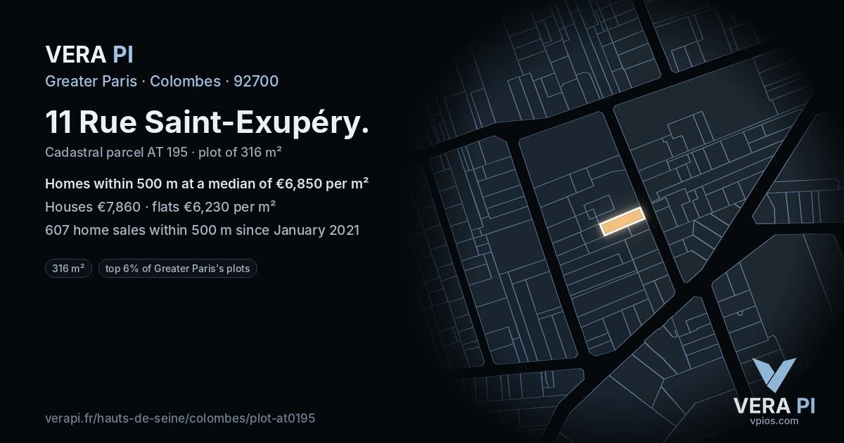 11 Rue Saint-Exupéry, Colombes at night – the plot lit, the parcels around coloured by the prices near them
