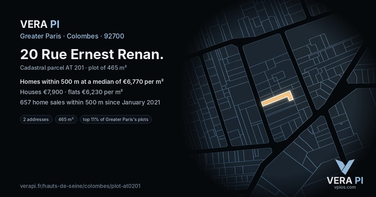 20 Rue Ernest Renan, Colombes at night – the plot lit, the parcels around coloured by the prices near them