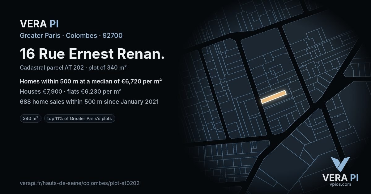 16 Rue Ernest Renan, Colombes at night – the plot lit, the parcels around coloured by the prices near them