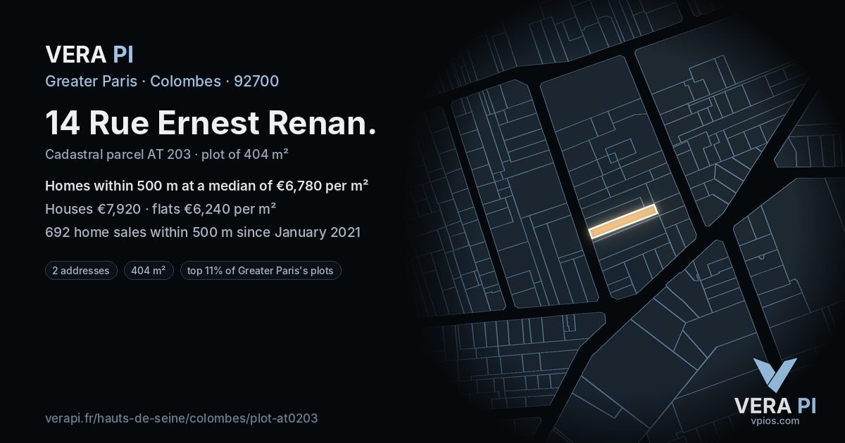 14 Rue Ernest Renan, Colombes at night – the plot lit, the parcels around coloured by the prices near them