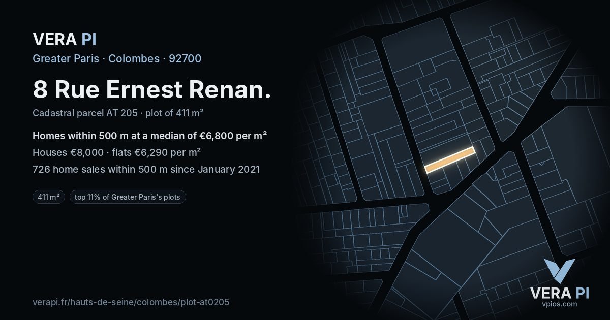 8 Rue Ernest Renan, Colombes at night – the plot lit, the parcels around coloured by the prices near them