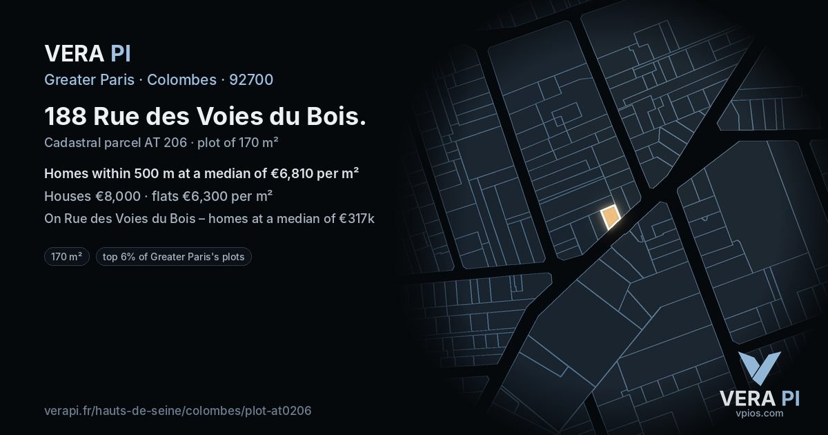 188 Rue des Voies du Bois, Colombes at night – the plot lit, the parcels around coloured by the prices near them