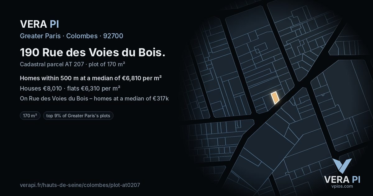 190 Rue des Voies du Bois, Colombes at night – the plot lit, the parcels around coloured by the prices near them