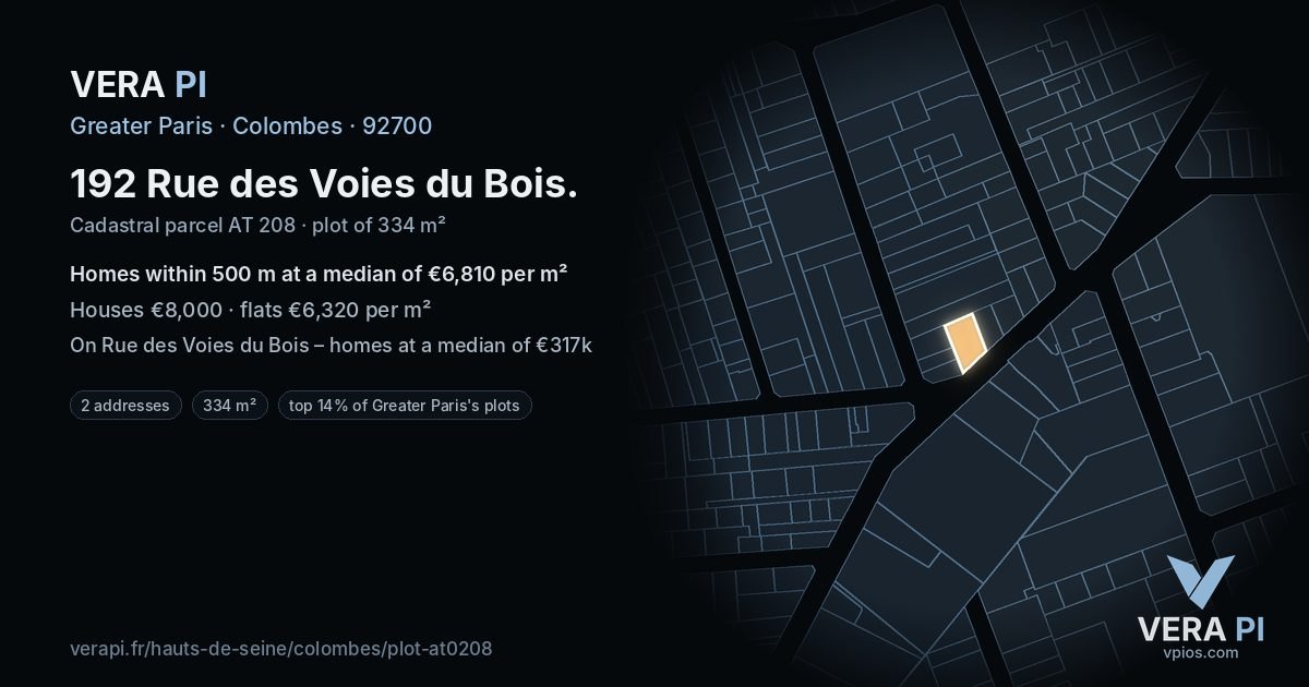 192 Rue des Voies du Bois, Colombes at night – the plot lit, the parcels around coloured by the prices near them