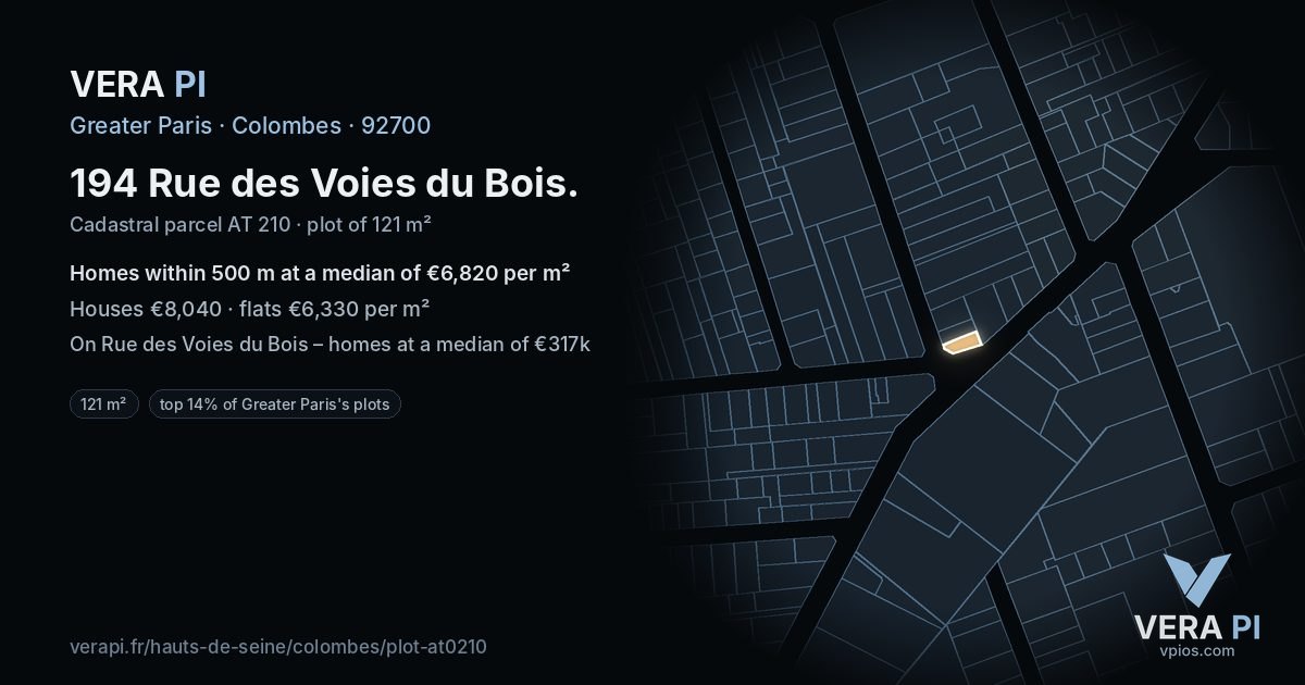 194 Rue des Voies du Bois, Colombes at night – the plot lit, the parcels around coloured by the prices near them