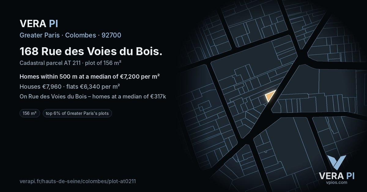 168 Rue des Voies du Bois, Colombes at night – the plot lit, the parcels around coloured by the prices near them