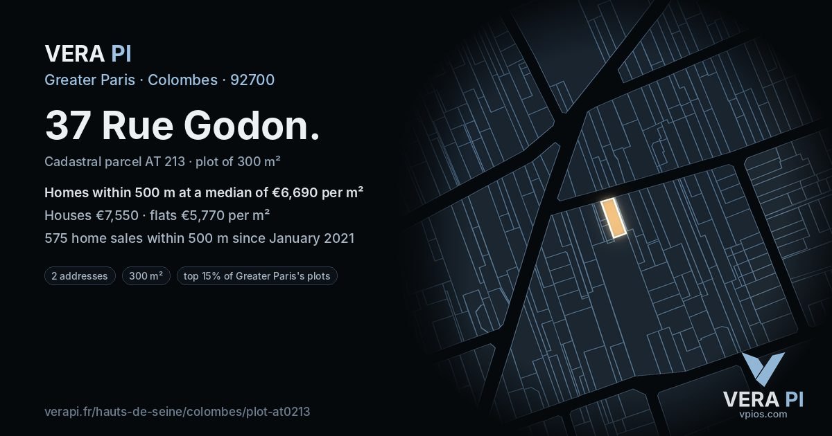 37 Rue Godon, Colombes at night – the plot lit, the parcels around coloured by the prices near them