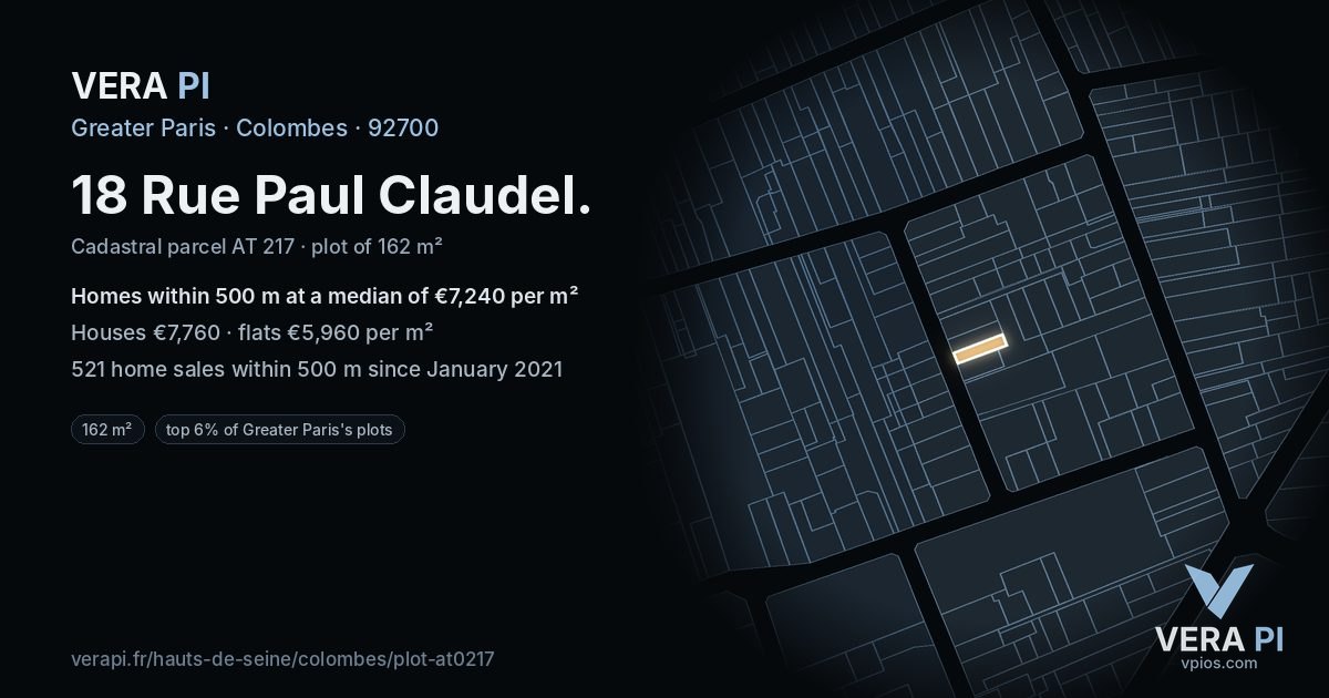 18 Rue Paul Claudel, Colombes at night – the plot lit, the parcels around coloured by the prices near them