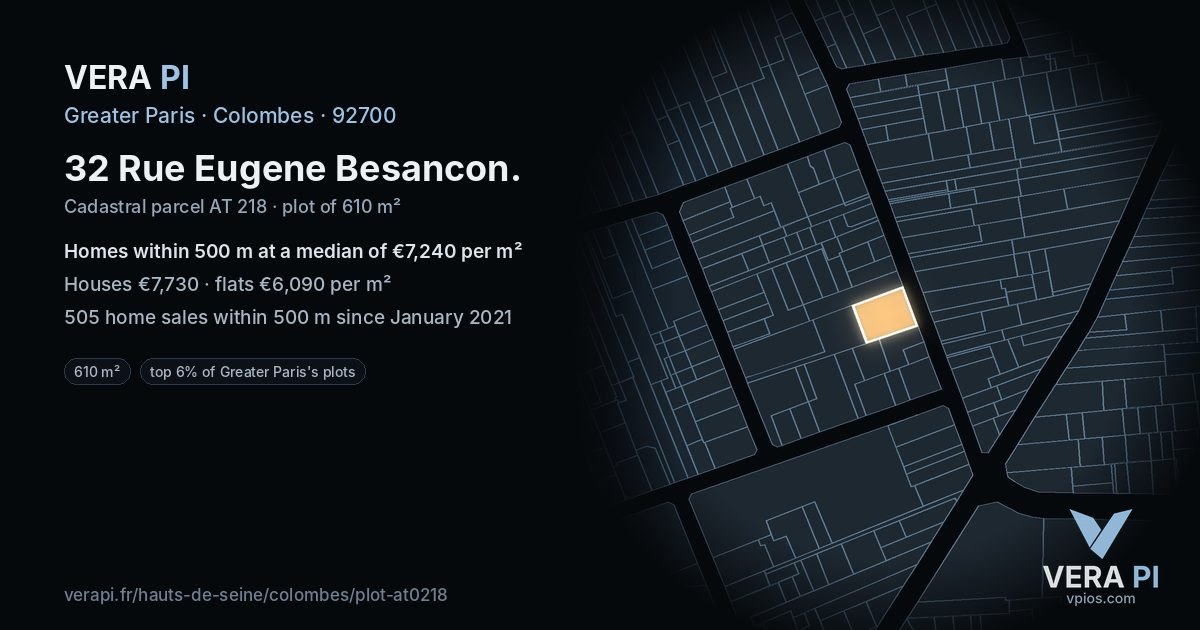 32 Rue Eugene Besancon, Colombes at night – the plot lit, the parcels around coloured by the prices near them