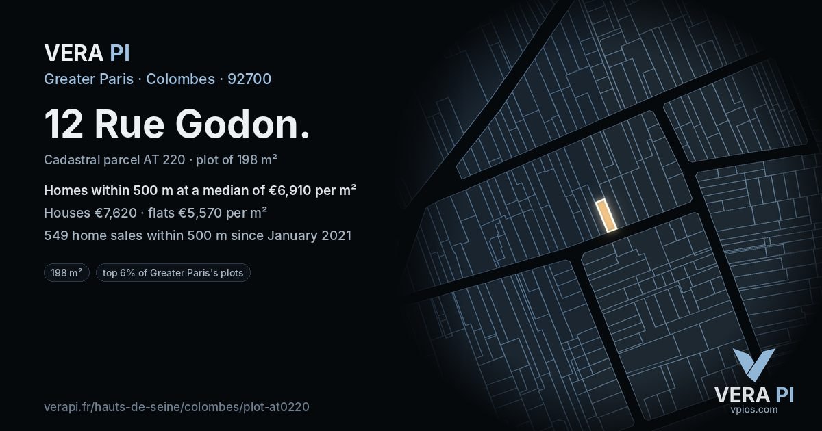 12 Rue Godon, Colombes at night – the plot lit, the parcels around coloured by the prices near them