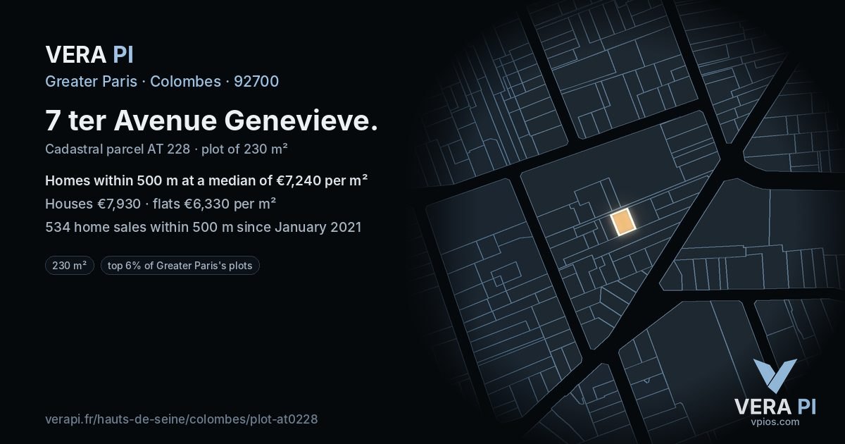 7 ter Avenue Genevieve, Colombes at night – the plot lit, the parcels around coloured by the prices near them
