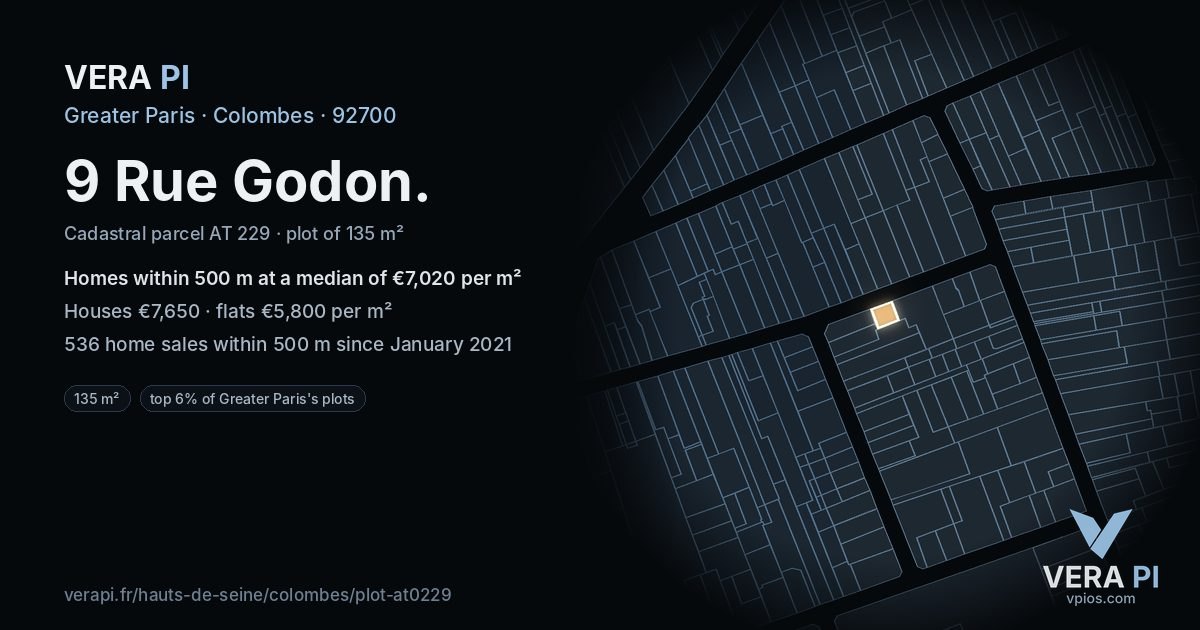 9 Rue Godon, Colombes at night – the plot lit, the parcels around coloured by the prices near them