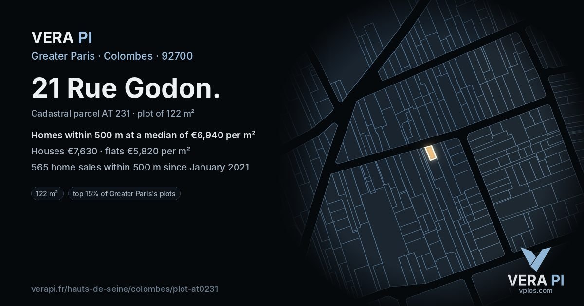 21 Rue Godon, Colombes at night – the plot lit, the parcels around coloured by the prices near them