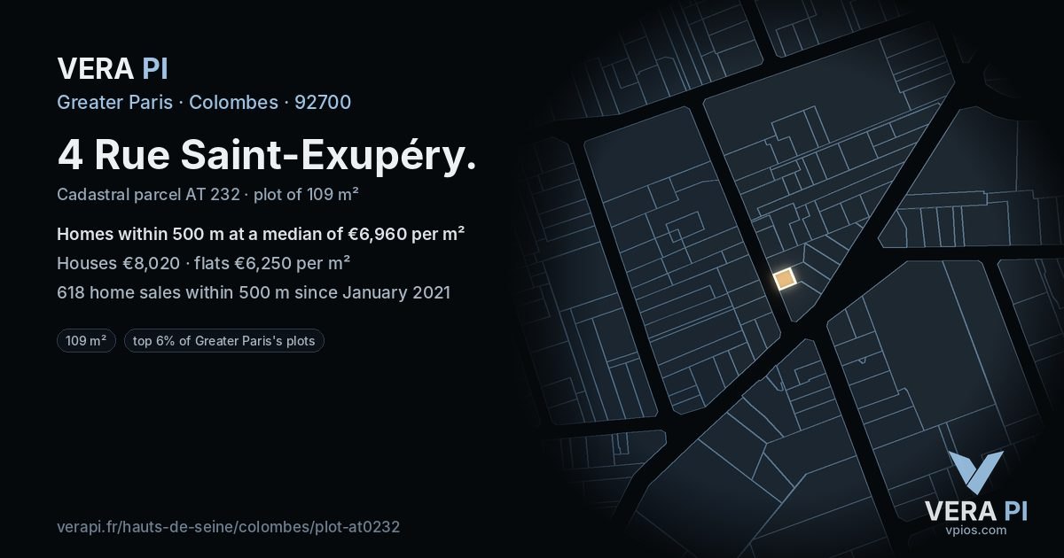 4 Rue Saint-Exupéry, Colombes at night – the plot lit, the parcels around coloured by the prices near them