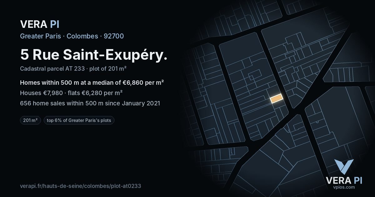5 Rue Saint-Exupéry, Colombes at night – the plot lit, the parcels around coloured by the prices near them
