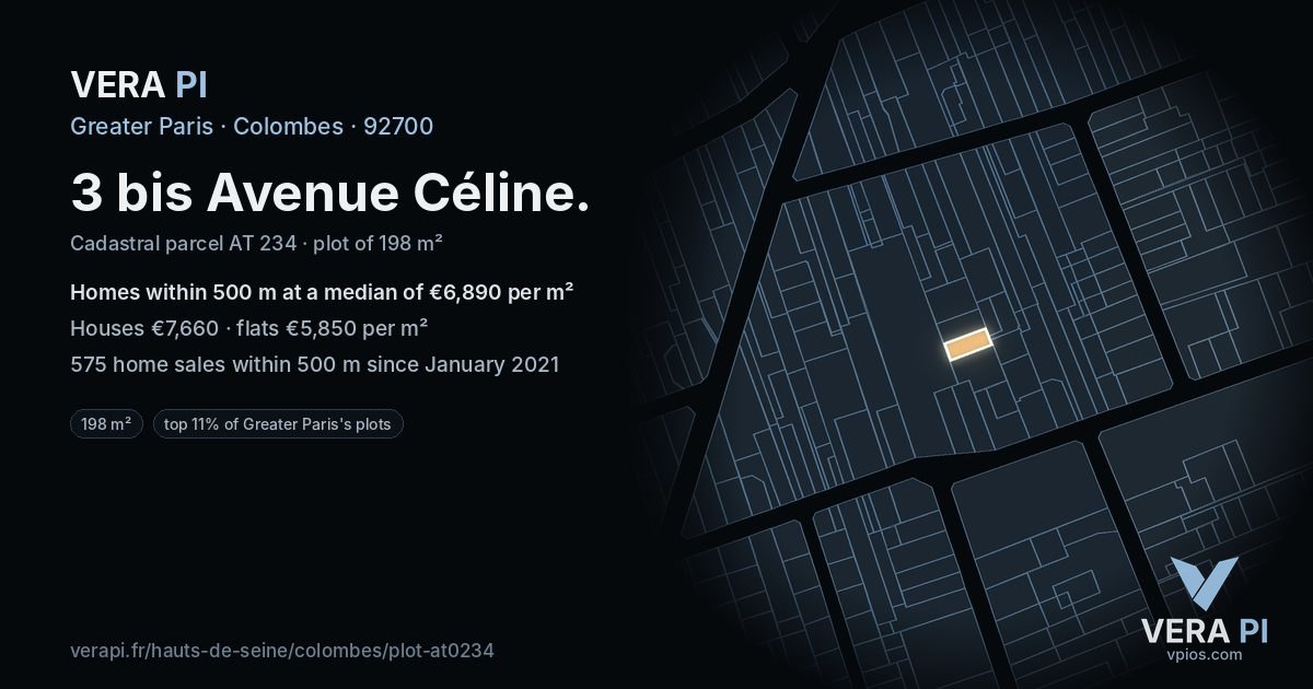 3 bis Avenue Céline, Colombes at night – the plot lit, the parcels around coloured by the prices near them