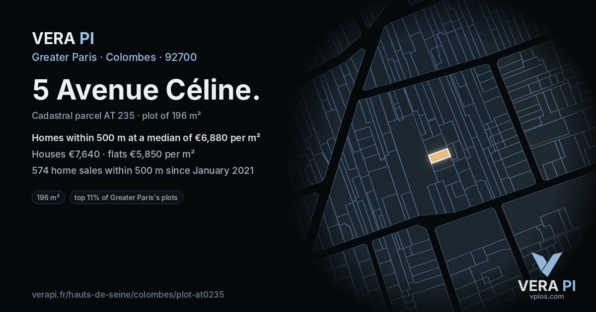 5 Avenue Céline, Colombes at night – the plot lit, the parcels around coloured by the prices near them