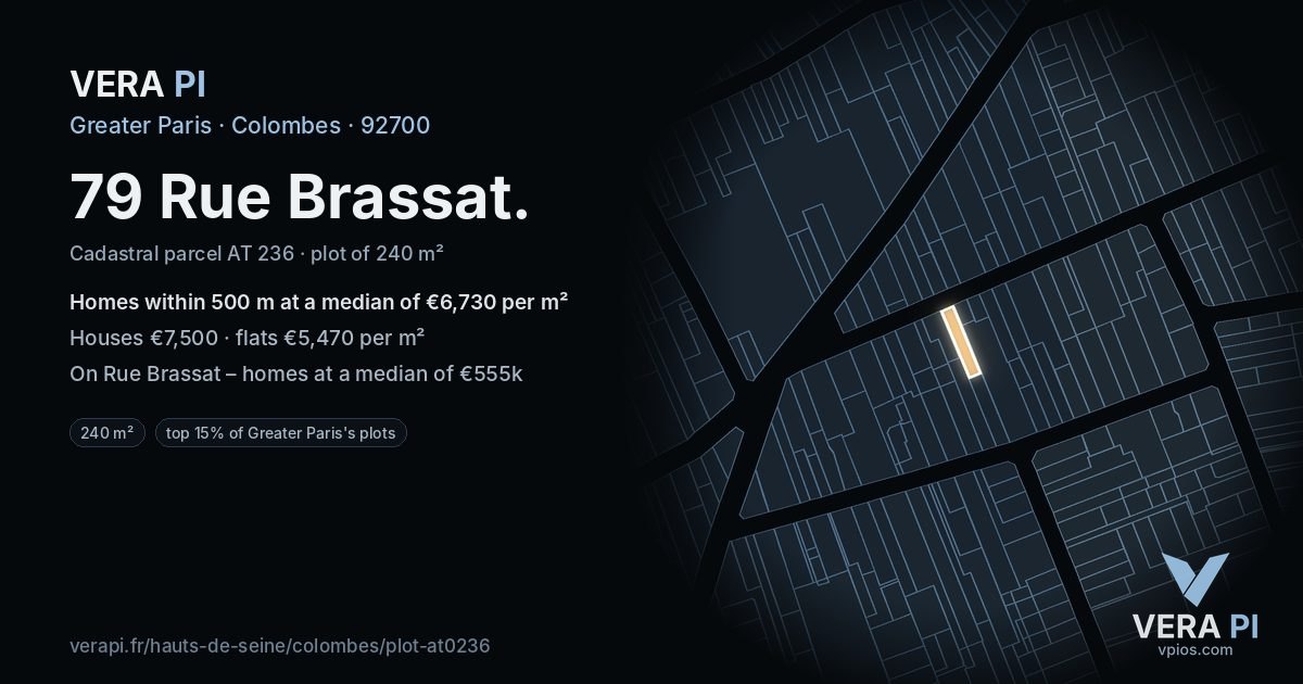 79 Rue Brassat, Colombes at night – the plot lit, the parcels around coloured by the prices near them