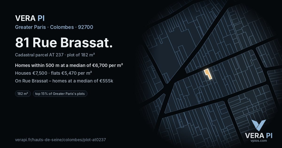 81 Rue Brassat, Colombes at night – the plot lit, the parcels around coloured by the prices near them
