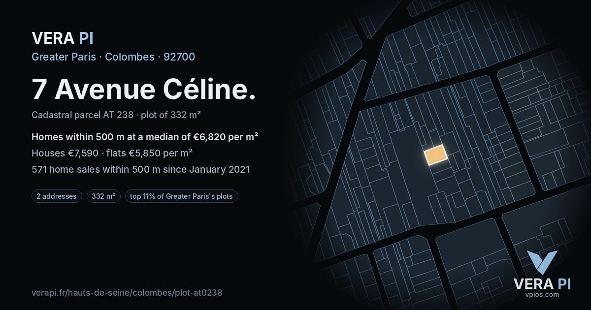 7 Avenue Céline, Colombes at night – the plot lit, the parcels around coloured by the prices near them