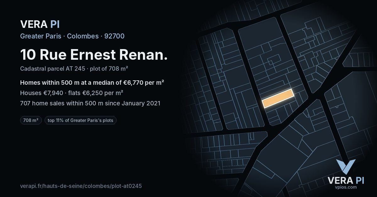 10 Rue Ernest Renan, Colombes at night – the plot lit, the parcels around coloured by the prices near them